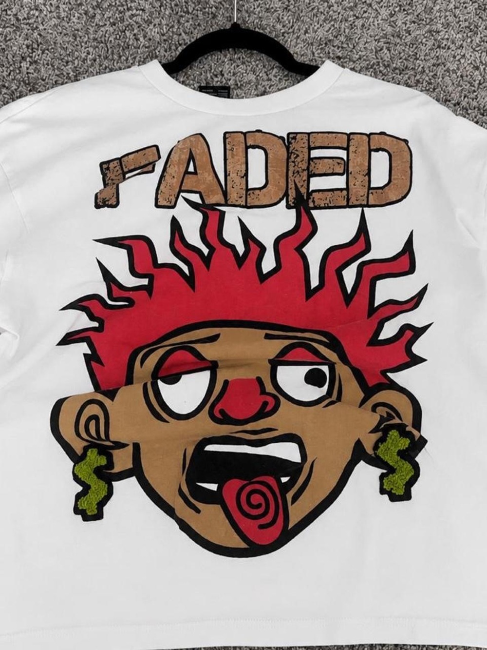 White Short-Sleeve Tee with Red Cartoon Face Graphic